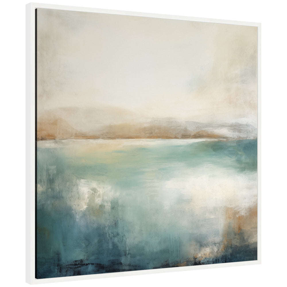Sylvie Abstract Calming Lake Landscape framed canvas art showing shades of blue and gray with abstract horizontal strokes and a modern floating frame.
