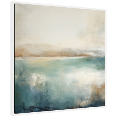 Sylvie Abstract Calming Lake Landscape framed canvas art showing shades of blue and gray with abstract horizontal strokes and a modern floating frame.