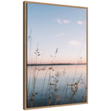 Sylvie Serene Sunset Lake Landscape framed canvas art showing a calm lake at sunset with natural colors and a vintage beaded frame