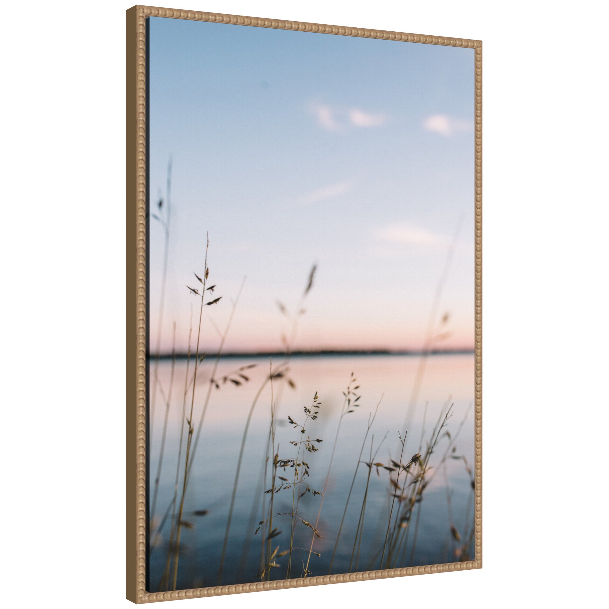 Sylvie Serene Sunset Lake Landscape framed canvas art showing a calm lake at sunset with natural colors and a vintage beaded frame