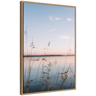 Sylvie Serene Sunset Lake Landscape framed canvas art showing a calm lake at sunset with natural colors and a vintage beaded frame