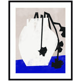 Abstract art print featuring a large white geometric vase with black angular stems and star-shaped blossoms on a vivid blue surface, against a muted beige background.