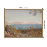 Landscape painting depicting a calm blue sea with distant mountains under a cloudy sky, framed by earthy-toned trees and rocky foreground brushstrokes.