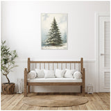 Framed canvas of a snow-covered evergreen fir tree hanging above a wooden bench with white cushions in a minimalist white room with a woven round rug and potted plant.