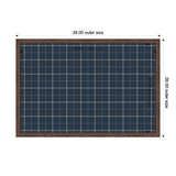 Rectangular navy blue fabric pinboard with a light plaid grid pattern, framed in medium brown wood, measuring 38 by 26 inches outer size.