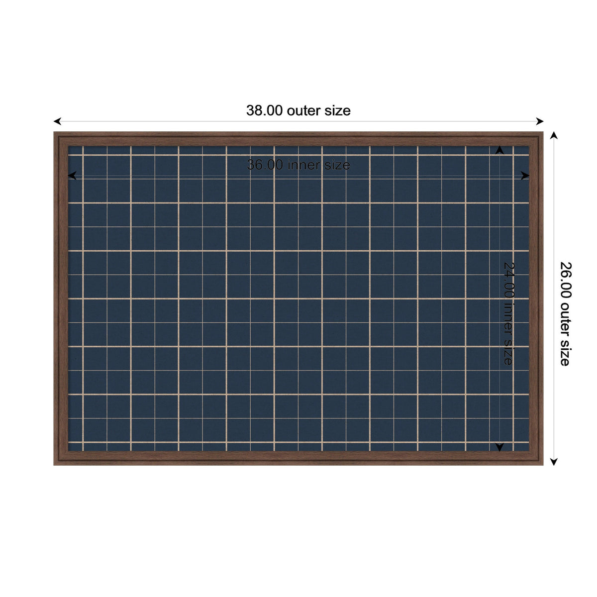 Rectangular navy blue fabric pinboard with a light plaid grid pattern, framed in medium brown wood, measuring 38 by 26 inches outer size.