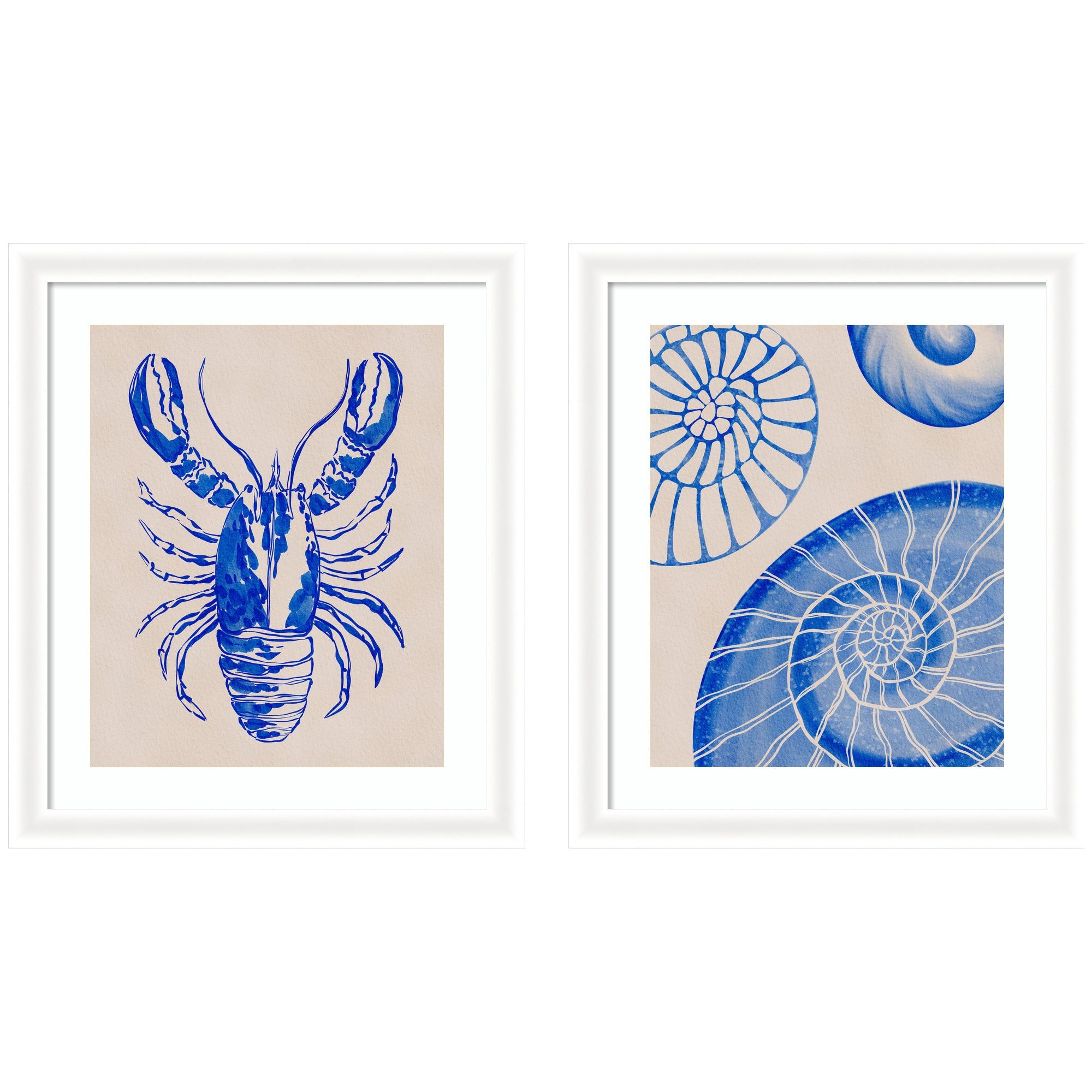 Lobster and Ocean Charms 2 Piece Framed Wall Art Print Set by Nikita Jariwala, showing two minimalist coastal illustrations framed in white moulding.