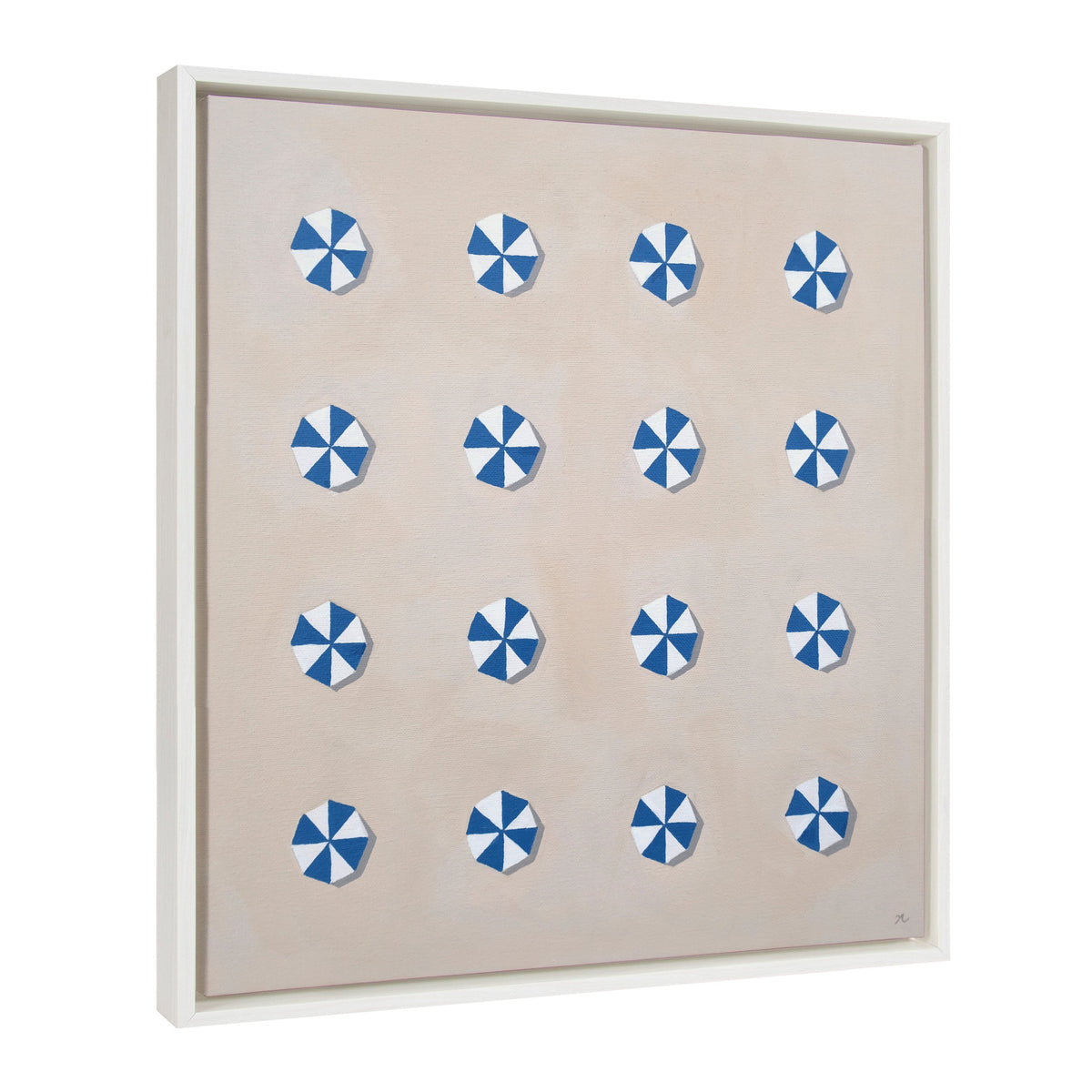 Framed canvas artwork featuring a grid of fifteen blue and white umbrella shapes on a soft beige background, each casting subtle shadows.