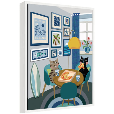 Pizza Cats framed canvas wall art print featuring illustrated cats with pizza slices, in a white Sylvie frame