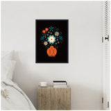 Framed canvas featuring a stylized floral arrangement with white and orange flowers in an orange vase against a black background, hanging above a wooden side table.