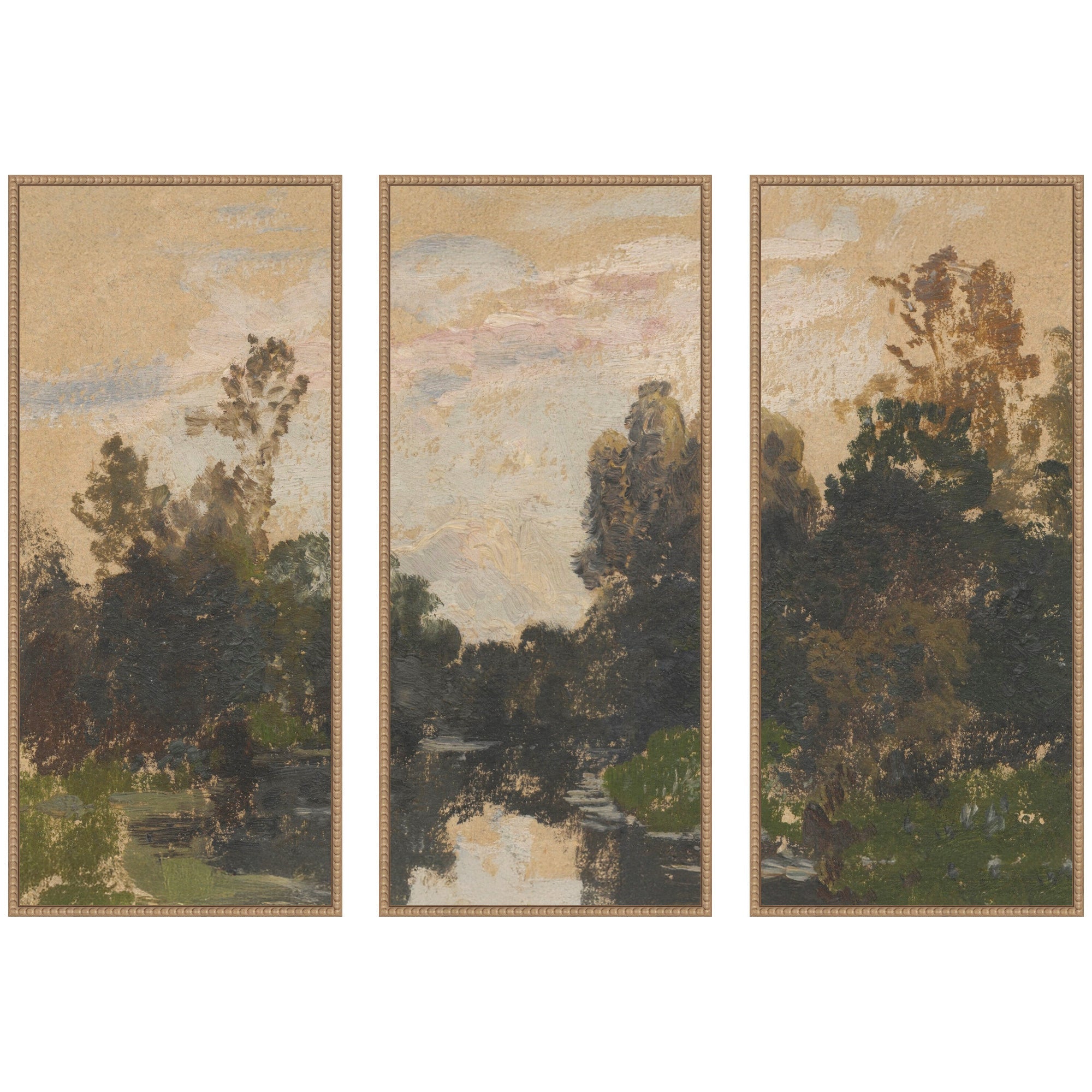 Three piece framed canvas wall art set Landscape by the River Barycz by Nostalgia Prints in rustic natural beaded frames