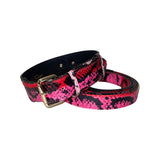 Collar and leash set with bright fuchsia, light pink, red, and black snake pattern, featuring a gold-tone buckle on the collar, isolated on white background.