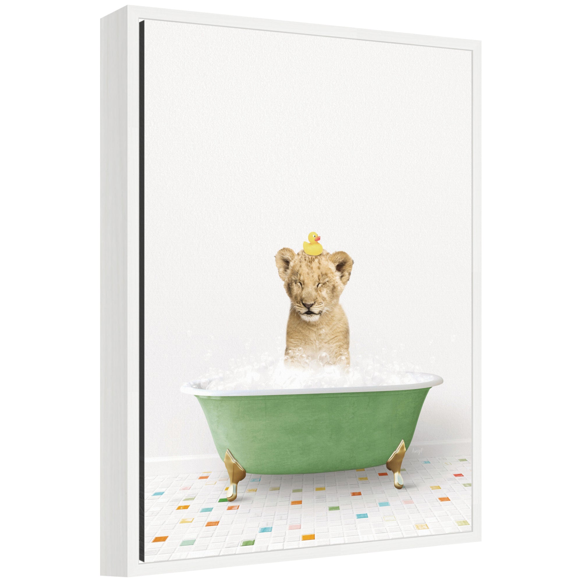 Framed canvas of Sylvie Lion Cub in green bathtub on colored tile by Amy Peterson