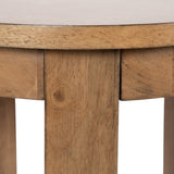 Close-up of a round wood side table leg showing natural wood grain with a knot detail beneath a smooth, light-colored circular top edge.
