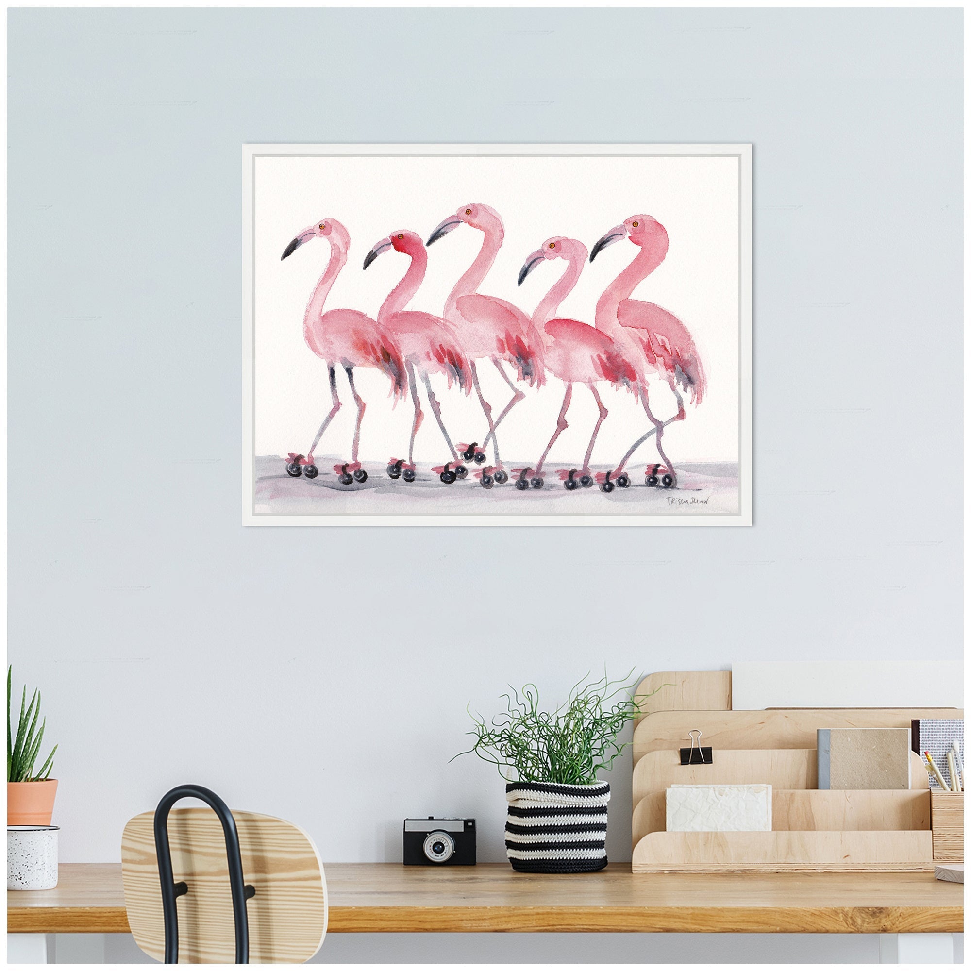 Sylvie Roller Skating Flamingos Framed Canvas by Patricia Shaw