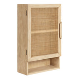 White Ori Rattan Wall Cabinet with three shelves and cane door hung on wall