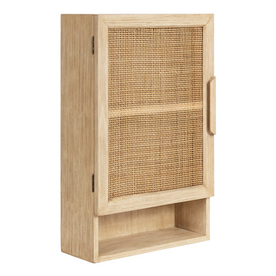 White Ori Rattan Wall Cabinet with three shelves and cane door hung on wall