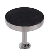 Round black marble tabletop with smooth polished surface on a single adjustable stainless steel pedestal base