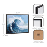 Abstract coastal wave painting in shades of blue, white, and black with a black natural oak wood frame that is 16.65 by 12.65 inches and 0.65 inches deep