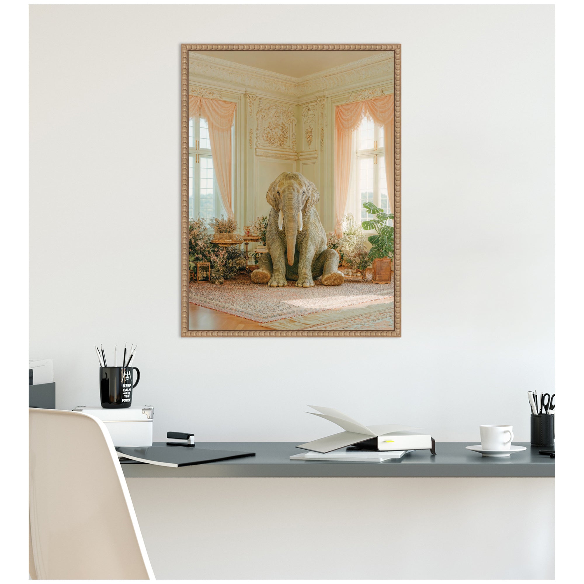 Lazy Elephant Sitting in His Room by Michael Schauer Framed Canvas Wall Art Print
