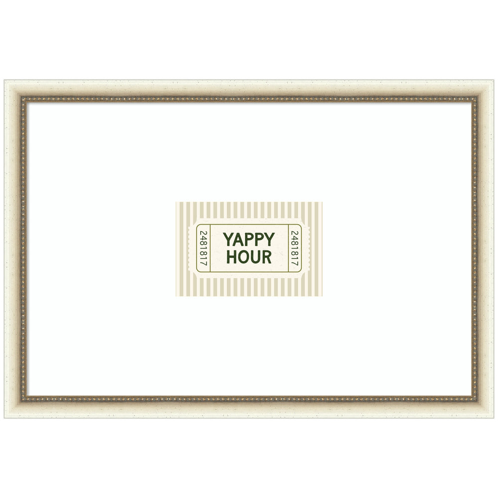 Framed wall art print titled 'Yappy Hour Ticket Sage Green Wall' featuring Sage Green tones and distressed white frame by Lucky Guava.