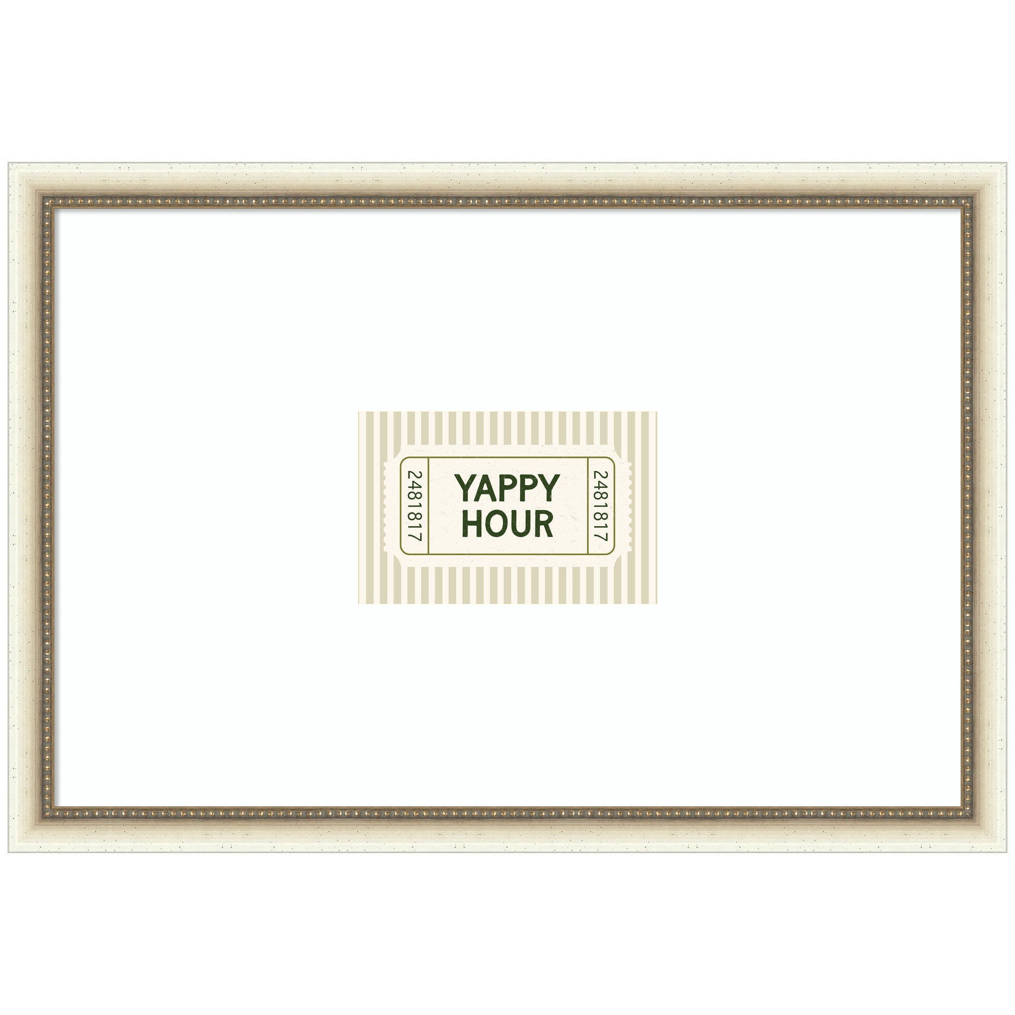 Framed wall art print titled 'Yappy Hour Ticket Sage Green Wall' featuring Sage Green tones and distressed white frame by Lucky Guava.
