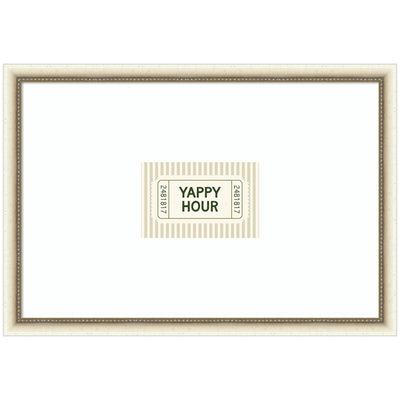 Framed wall art print titled 'Yappy Hour Ticket Sage Green Wall' featuring Sage Green tones and distressed white frame by Lucky Guava.