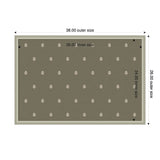 Rectangular green rug with a subtle pattern of small, evenly spaced off-white botanical motifs, framed by a narrow beige border and dimension annotations.