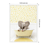 Chubby baby elephant sitting in a pale yellow clawfoot bathtub against a white paneled wall with yellow floral wallpaper and a round yellow rug below