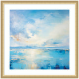 Abstract seascape painting with soft blue and white tones, depicting calm coastal waters under a partly cloudy sky, framed in a light beige frame.