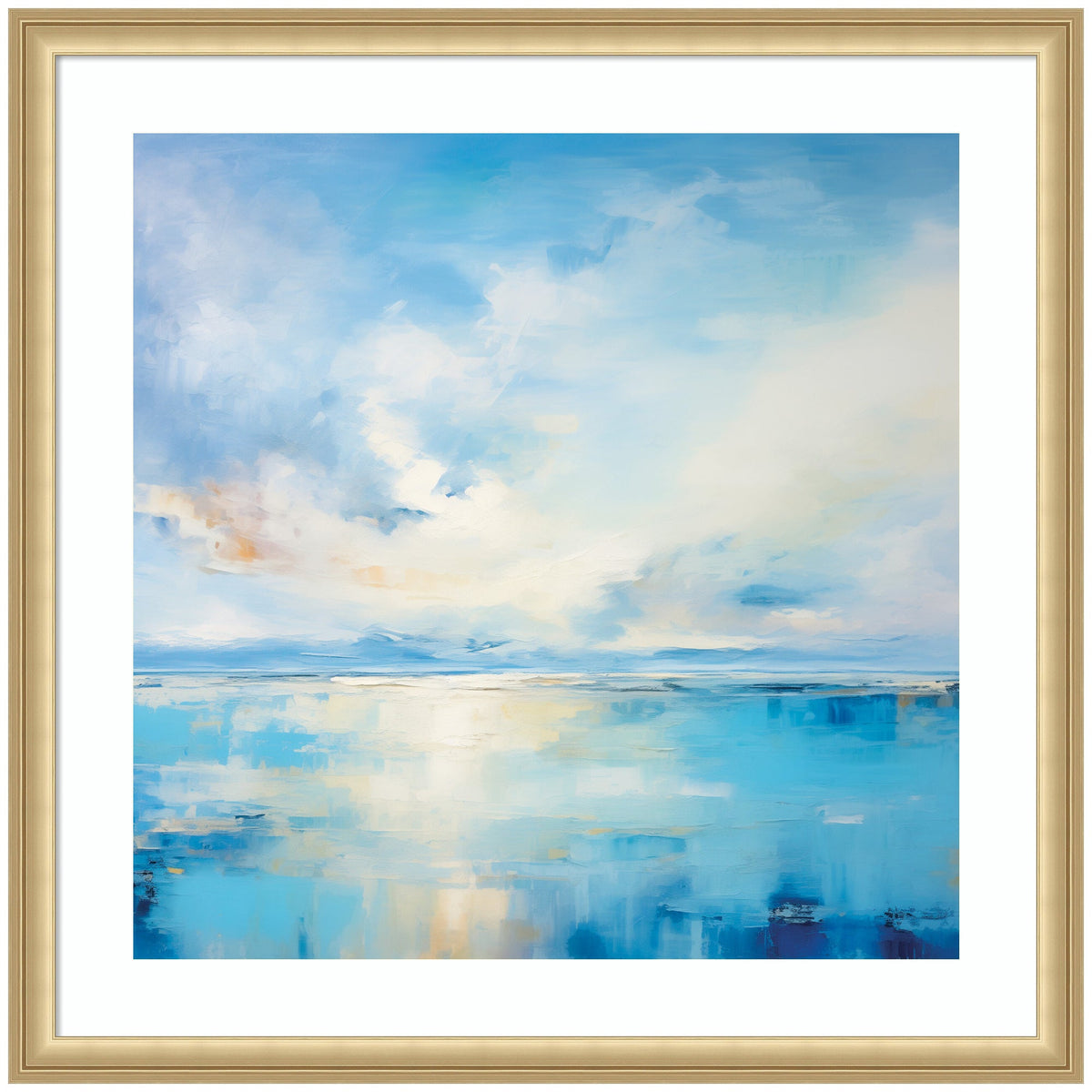 Abstract seascape painting with soft blue and white tones, depicting calm coastal waters under a partly cloudy sky, framed in a light beige frame.