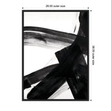 Abstract black brushstrokes on white canvas in a vertical rectangular black frame, featuring intersecting broad strokes with visible brush texture and varying opacity.
