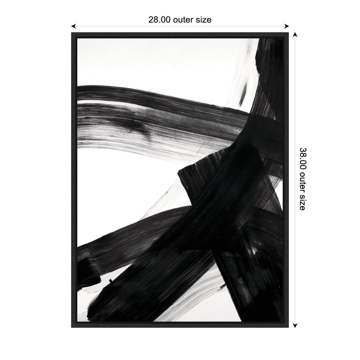 Abstract black brushstrokes on white canvas in a vertical rectangular black frame, featuring intersecting broad strokes with visible brush texture and varying opacity.
