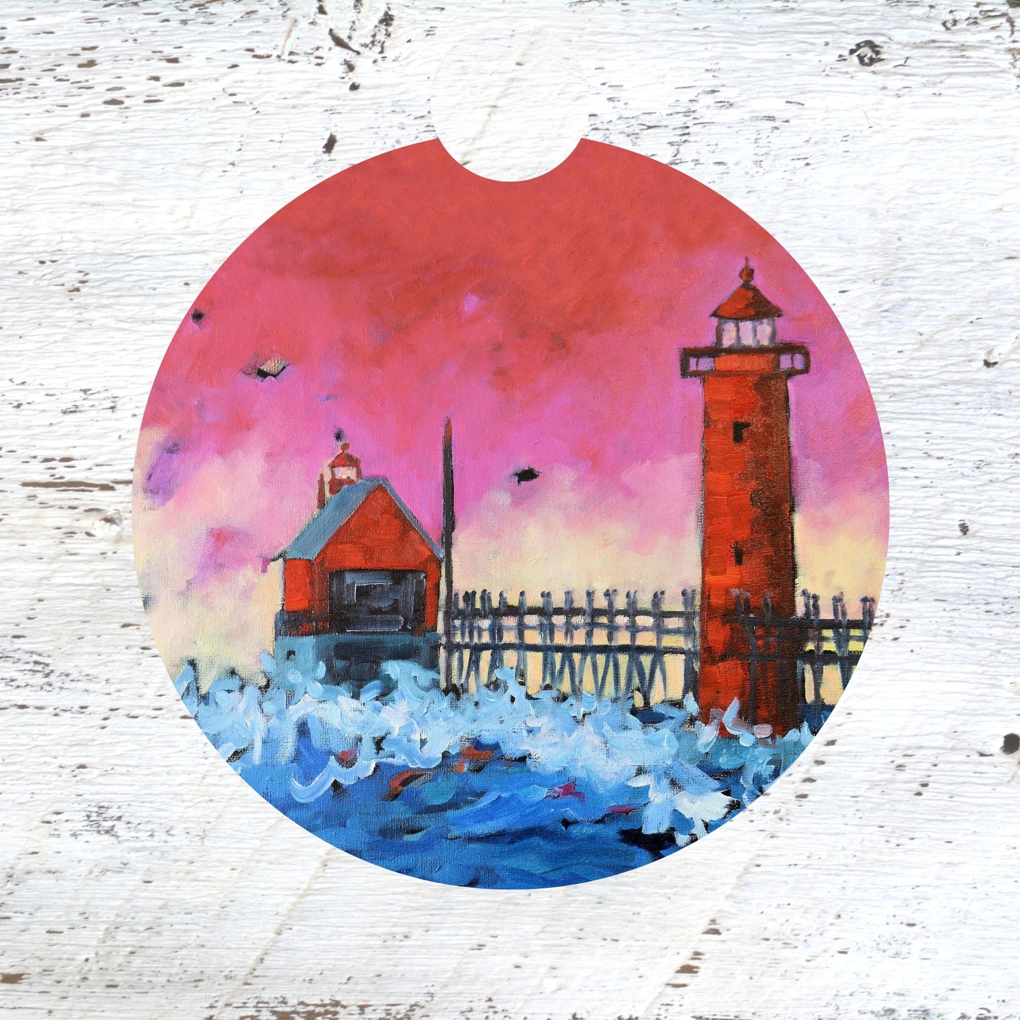 Car Coaster: Pink Sky at Night Grand Haven Lighthouse. Artist Christi Dreese by Dreese Fine Art - Resin Society