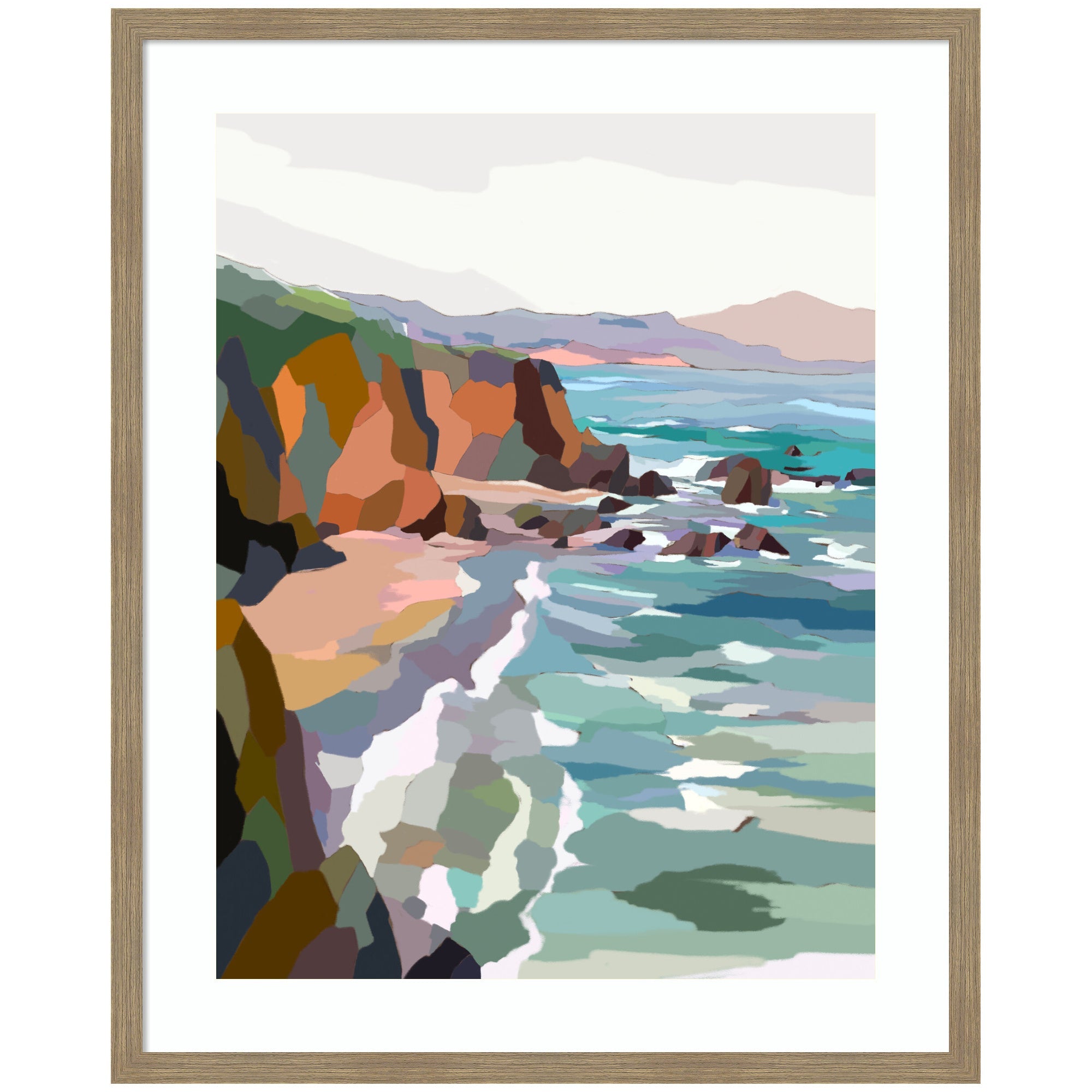 Framed Art Pho Beach by Nikita Jariwala showing abstract colorful coastal landscape with cliffs and waves