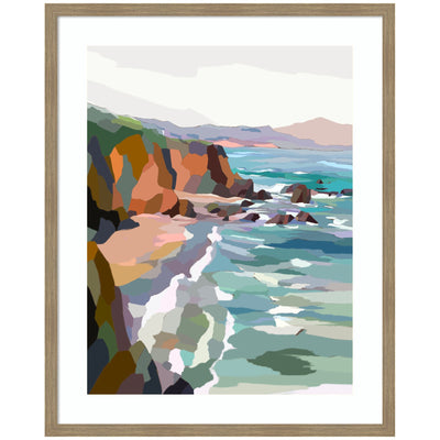 Framed Art Pho Beach by Nikita Jariwala showing abstract colorful coastal landscape with cliffs and waves