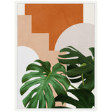 Two large green monstera leaves overlapping abstract shapes in terracotta, beige, and off-white with rounded and stepped edges on a framed canvas.