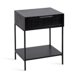 Ori Wood and Cane Side Table in black, featuring a cane rattan pull drawer and a two-tiered design in a modern interior setting.
