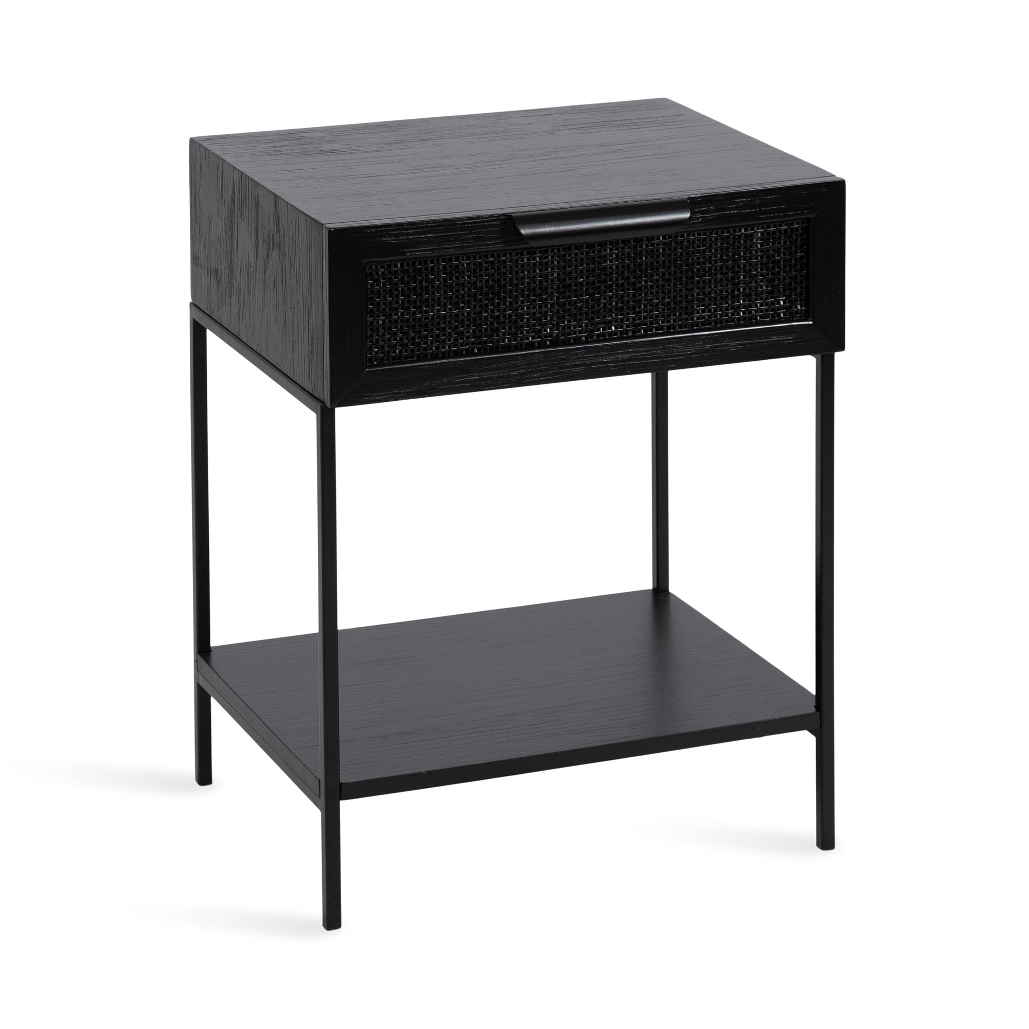 Ori Wood and Cane Side Table in black, featuring a cane rattan pull drawer and a two-tiered design in a modern interior setting.