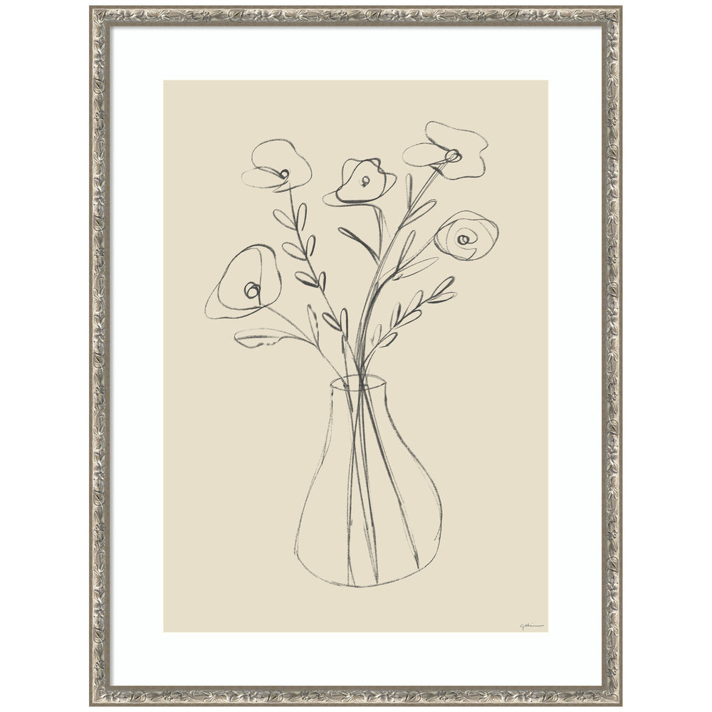 Floral Vase by Gabrielly Guedes framed wall art print showing a still life of a floral vase in a softly lit room