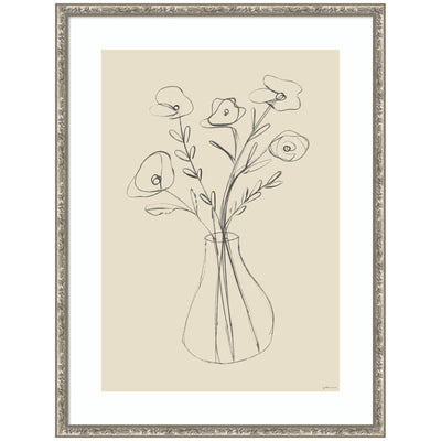 Floral Vase by Gabrielly Guedes framed wall art print showing a still life of a floral vase in a softly lit room
