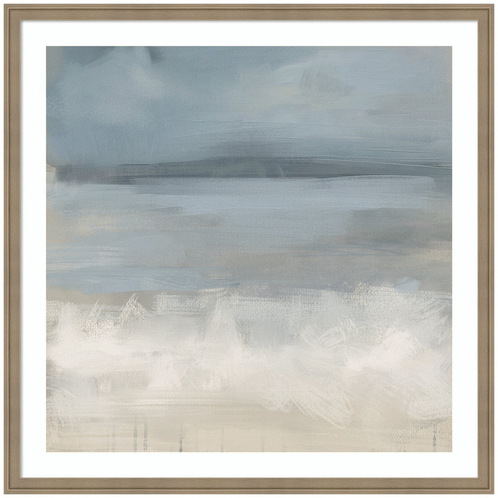 The Blues by Mary Sparrow framed wall art print showing abstract blue-toned imagery in a silver frame, square format