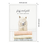 White fluffy alpaca with closed eyes above three folded pastel blankets in peach, cream, and gray, with the text 'fluff and fold at your service' above.