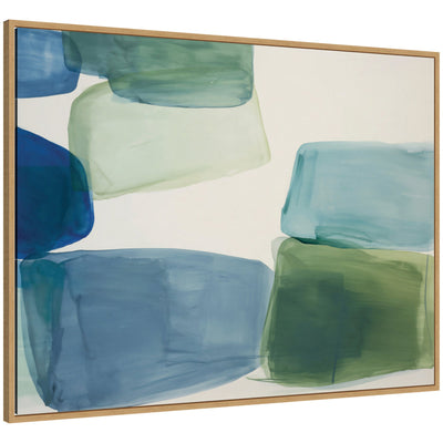 Coastal Calm No.
1 Framed Canvas Wall Art by Amy Lighthall featuring translucent blue and green rectangles on white background in natural woodgrain frame