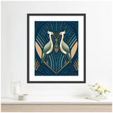 Art Deco style illustration of two symmetrical herons with cream, gold, and teal accents against a dark blue background with radiating lines and dots.