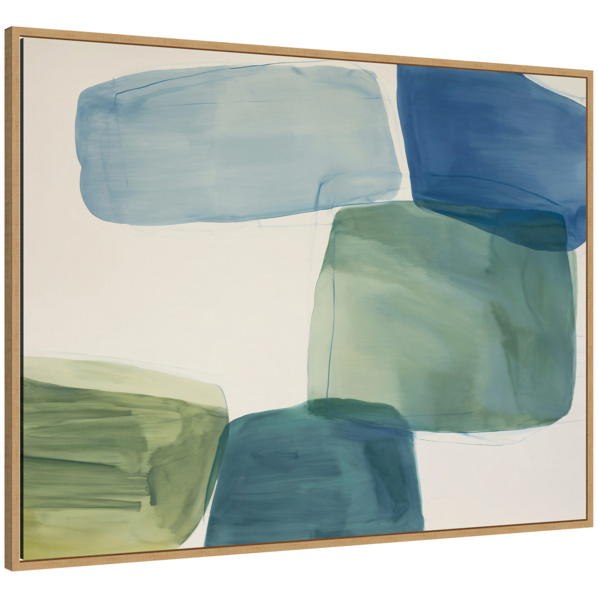 Framed canvas wall art featuring overlapping geometric shapes in blue and green hues by Amy Lighthall