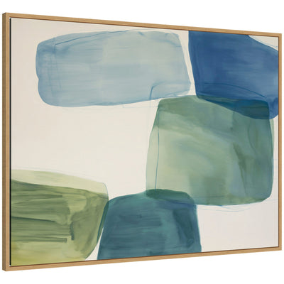 Framed canvas wall art featuring overlapping geometric shapes in blue and green hues by Amy Lighthall