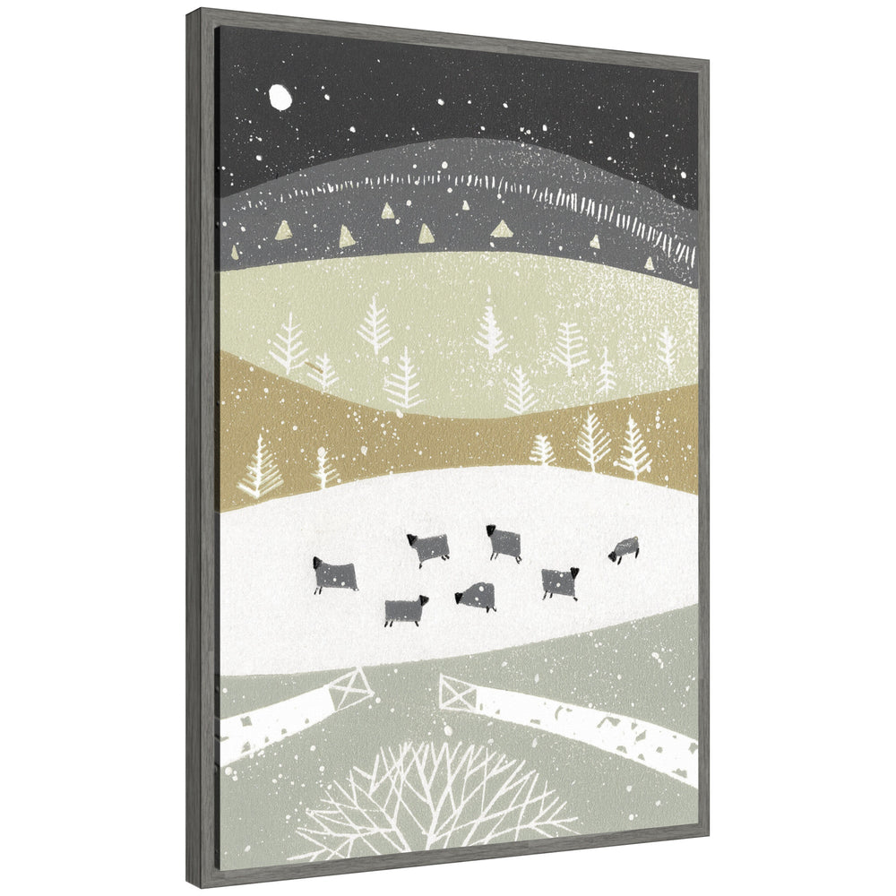 Framed Sylvie Folk Dales Snow Linocut printed on gallery-wrapped canvas