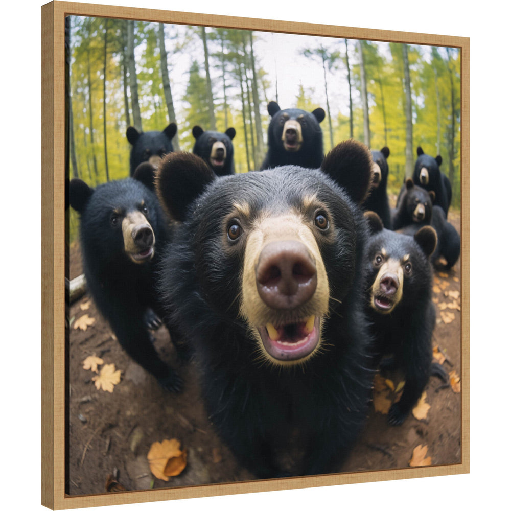 Framed canvas artwork featuring a humorous black bear taking a selfie