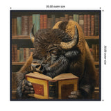 A detailed painting of a buffalo holding and reading an open book with a background filled with rows of colorful, old-style books on wooden shelves.